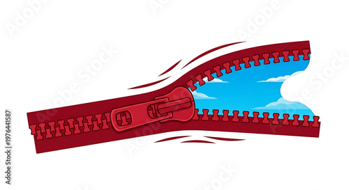 A vibrant red zipper unzipping to reveal a bright blue sky with fluffy white clouds