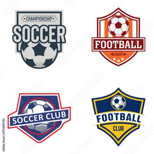 Soccer and Football Logos: Four vibrant sports emblems that encapsulate the spirit of competition and team unity. Featuring soccer balls and classic shield designs, they represent the heart of sport