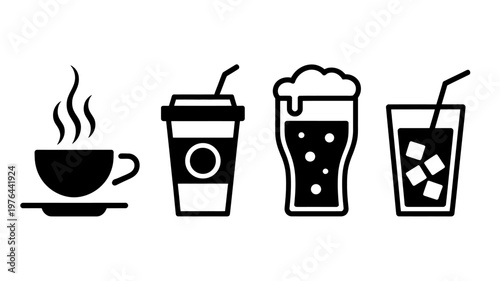 Four different types of drinks icons including coffee cup and glasses