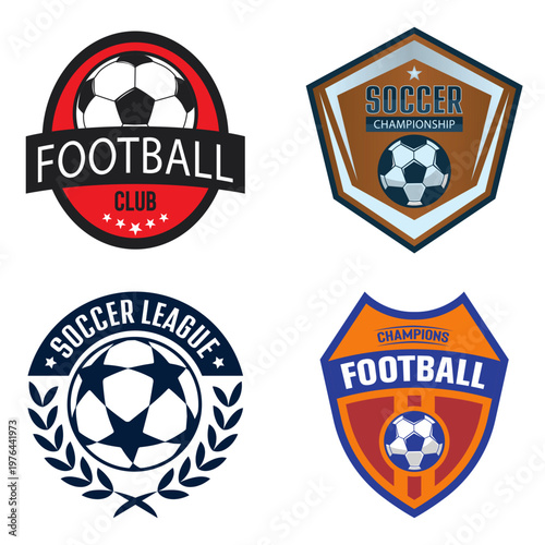 Football Club Badges: A vibrant collection of emblem designs representing football teams and leagues, each showcasing the iconic soccer ball at the center. 