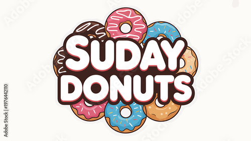 Colorful donuts with Sunday Donuts text on white background