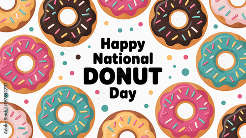 Colorful donuts with sprinkles on white background for national donut day celebration