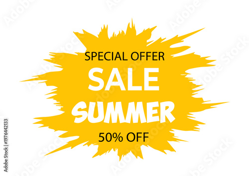 Summer sale announcement featuring special offer with 50 percent discount in bold text and vibrant design