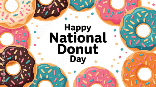 Colorful donuts with sprinkles on white background with happy national donut day text
