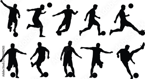 Soccer player silhouettes illustration, football action poses, dribbling kicking passing ball vector artwork design