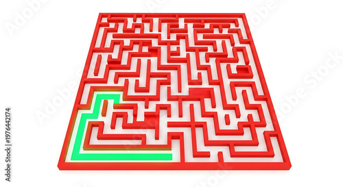 A vector graphic illustration of a complex red maze with a green path on a white background