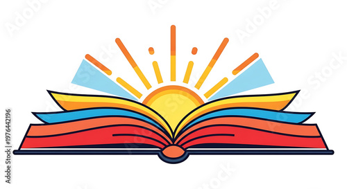 A colorful vector illustration of an open book with a sun rising from its pages