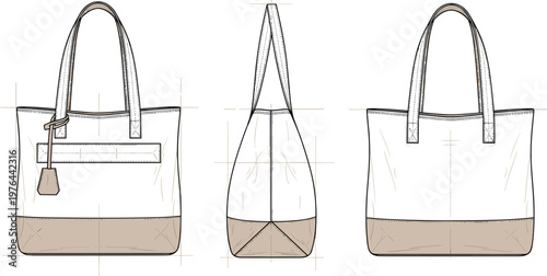 Tote bag technical sketch illustration, front side back views, fashion flat design, handbag construction vector artwork