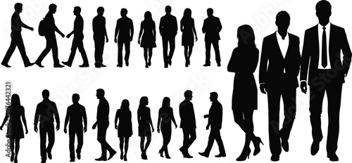 Walking and standing people silhouettes illustration, casual and formal human figures, posture vector artwork design