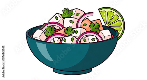 A vibrant vector graphic illustration of a bowl of fresh ceviche with lime, onions, and herbs.