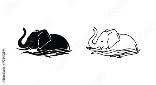 Elephants Bathing Relaxing Water Art Vector