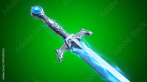 Mystical Glowing Sword with Ornate Hilt Against a Vibrant Green Background, Fantasy Weapon Art