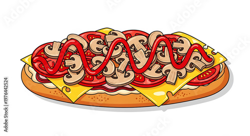 A colorful illustration of a delicious open-faced sandwich with mushrooms and cheese