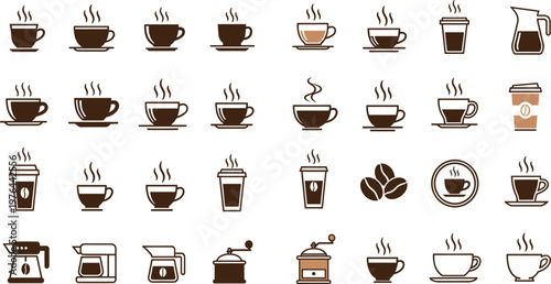 Coffee icons illustration, cups mugs beans, takeaway pot grinder, café beverage vector artwork design