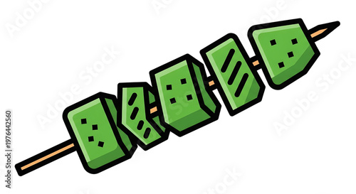 A vector graphic illustration of green dice on a wooden skewer