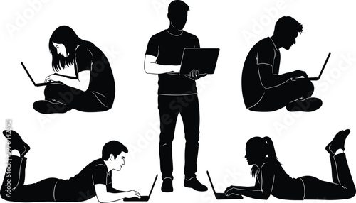 Laptop user silhouettes illustration, people working studying digital devices, casual postures vector artwork design