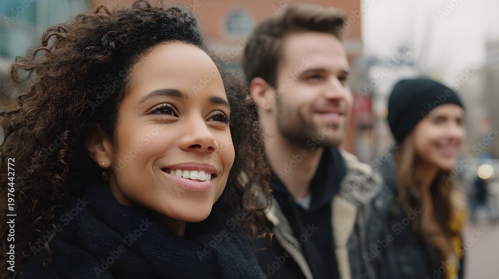 Obraz premium A diverse group of friends sharing genuine moments and laughter while walking through a bustling urban street setting