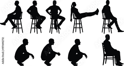 Seated and squatting people silhouettes illustration, human posture poses, ergonomic vector artwork design