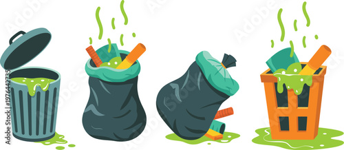 Trash waste pollution illustration, overflowing bins and leaking garbage bags with toxic liquid and fumes for environmental hazard design.