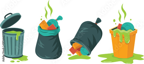 Garbage pollution illustration set, overflowing bins and leaking trash bags with toxic liquid and fumes for environmental hazard concept.