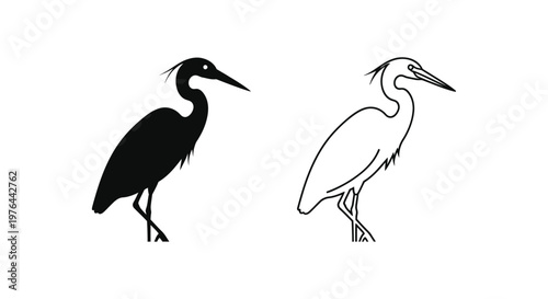 Black and White Heron Silhouette Vector Art Vector