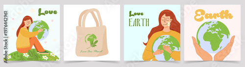 Eco friendly cards set for Earth Day campaigns. Includes posters, tote bag design and sustainability visuals. Perfect for branding, social media, zero waste and environmental awareness projects