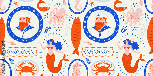 Vintage hand drawn marine seamless pattern illustration. Retro style sea life cartoon background. Summer vacation surface print design includes mermaid, fish, sailor.