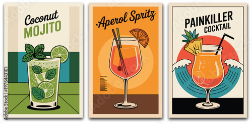 Vintage cocktail posters illustration set, mid century modern Aperol Spritz Coconut Mojito and Painkiller drinks for colorful bar wall art.