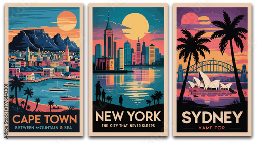 Retro travel posters illustration set, Cape Town New York Sydney cityscape prints in colorful vintage style for tourism and destination design.