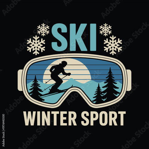 Vintage ski t shirt illustration, winter sport typography with glasses and skier silhouette for apparel and outdoor adventure design.