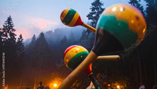 Vibrant maraca instruments against a mystic forest backdrop at dusk, showcasing musical celebration with colorful rhythmic percussions and warm light, perfect for capturing an festive mood or an outdo