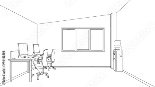 Office workspace interior line art with desks computers chairs window and water cooler outline vector illustration