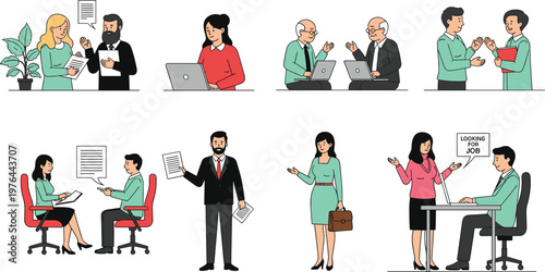 Business communication and interview scenes set with office people meeting discussion hiring job vector illustration collection