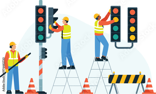 Traffic signal maintenance illustration, workers repairing street lights at urban intersection with safety equipment for municipal service and road safety design.