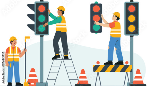 Traffic signal repair illustration, workers maintaining street lights at urban intersection with safety equipment for municipal service design.