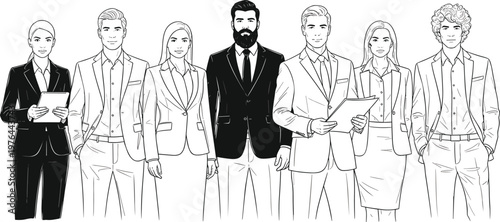 Business team line art with professional men and women corporate group standing office workers vector illustration