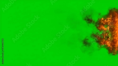Fiery explosion effect with smoke and embers on a green screen background, ideal for visual effects and editing