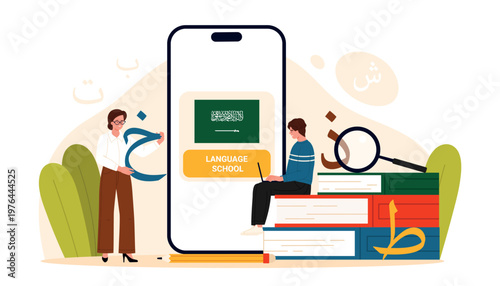 Arabic language school concept with students learning online via smartphone app, books, Arabic alphabet letters, modern education, e-learning design, isolated on white background vector illustration