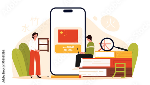 People studying Chinese language with smartphone app, books and magnifier, modern online language school education concept for students and tutors, isolated on white background vector illustration