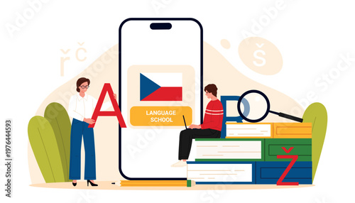 Teacher and student learning Czech in online language school app on smartphone with books, Czechian flag and alphabet letters, concept of digital education and courses vector illustration