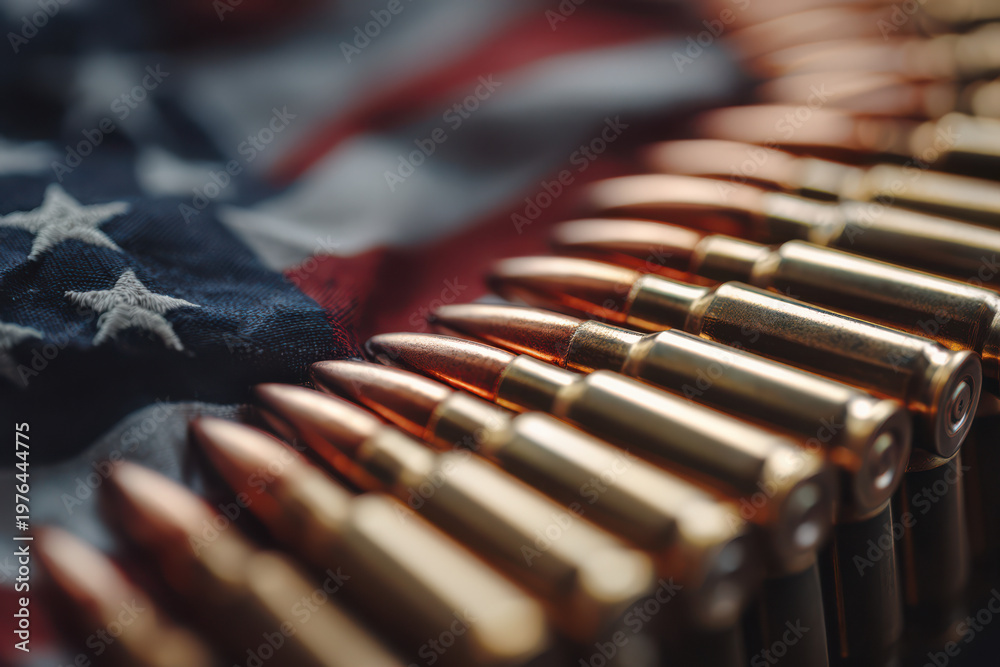 Fototapeta premium Bullets lined up in front of American flag symbolizing gun rights and law