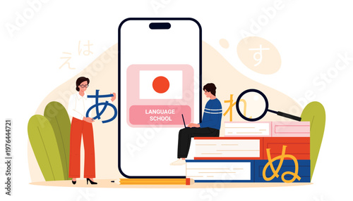 Online Japanese language school concept with teacher, student, smartphone app, textbooks, hiragana characters studying foreign language, e learning, isolated on white background vector illustration