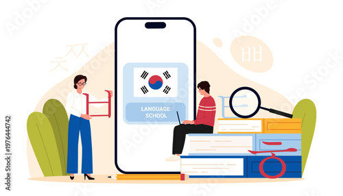 People studying Korean language with smartphone app, books and magnifier, modern online education concept for language school and e learning, isolated on white background vector illustration