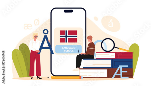People studying Norwegian language with smartphone app, books, alphabet letters, modern online course concept Scandinavian education, language school, isolated on white background vector illustration