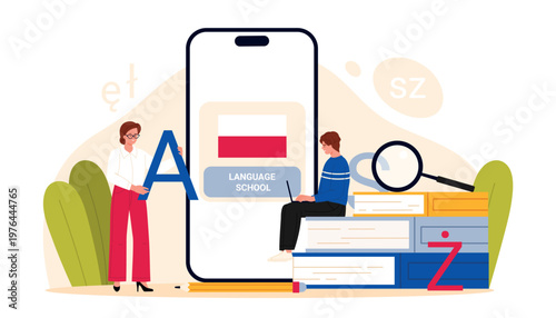 People learning Polish language online with smartphone app, books and alphabet letters, modern education concept for language school and courses, isolated on white background vector illustration