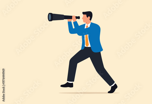 Search for right direction, business opportunity or success way, make decision or career path look through spyglass or binoculars to discover solution