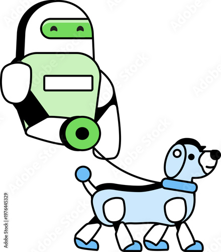 Robot walking a robotic dog on a leash representing future domestic artificial intelligence vector illustration