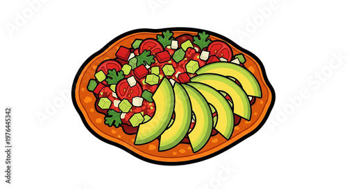 A vibrant illustration of a delicious pizza topped with fresh vegetables and avocado slices