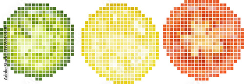 Colorful tomato pixel art with slices of green, yellow and red tomato. Vector png collage isolated on transparent