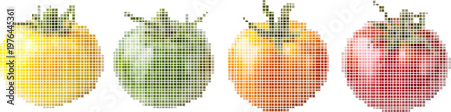 Colorful tomato pixels, vibrant digital vegetables, geometric cutout design. Vector png collage isolated on transparent